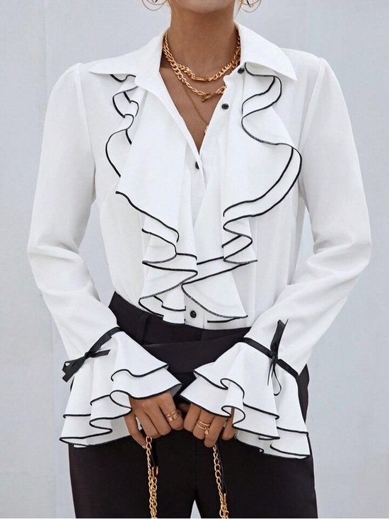 SHEIN Tops - SHEIN White Ruffle Button-Down Blouse with Black Trim